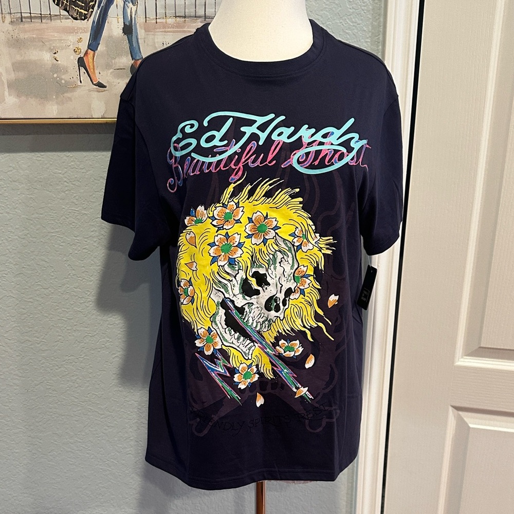 Ed Hardy Sz Medium Blueberry Beautiful Ghost Tee with Colorful Skull Design NWT!